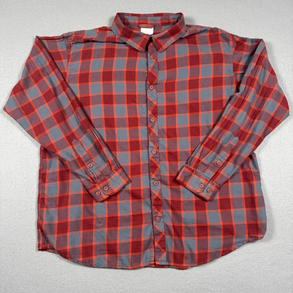 Columbia Mens XXL Plaid Button Down Shirt Red Orange Grey Long Sleeve Outdoor